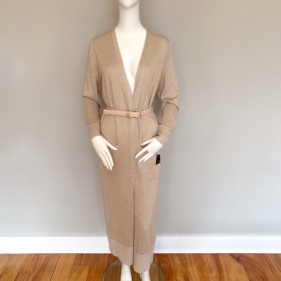 $160 Armani Exchange Gold Metallic Maxi Knit Open Cardigan Duster Merino Blend M - Picture 10 of 14
